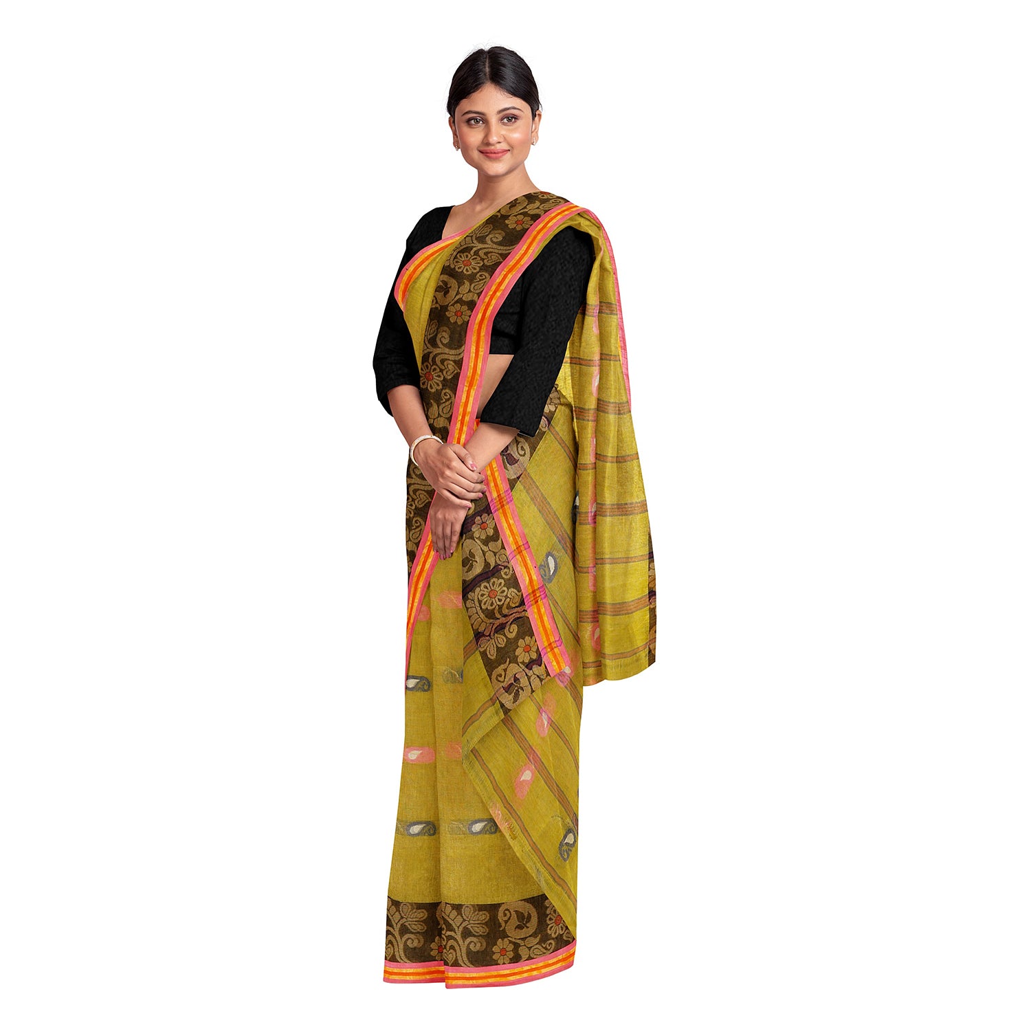 Exclusive Collection 100% Pure Cotton Olive Tant Saree With Hand Weaving Work - Distacart