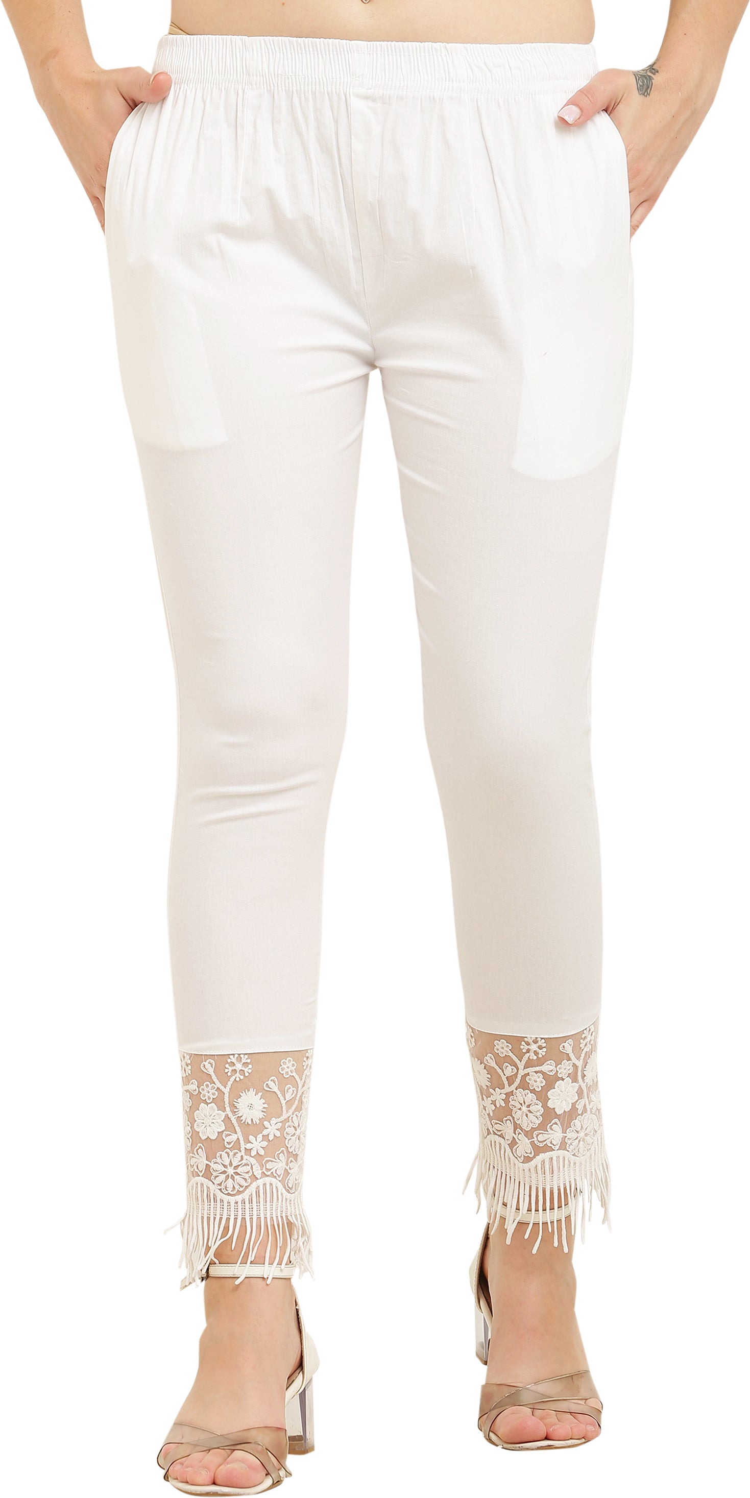 PAVONINE White Color Flower Kirosia Lace Hem Cotton Fabric Palazzo For Women - Distacart