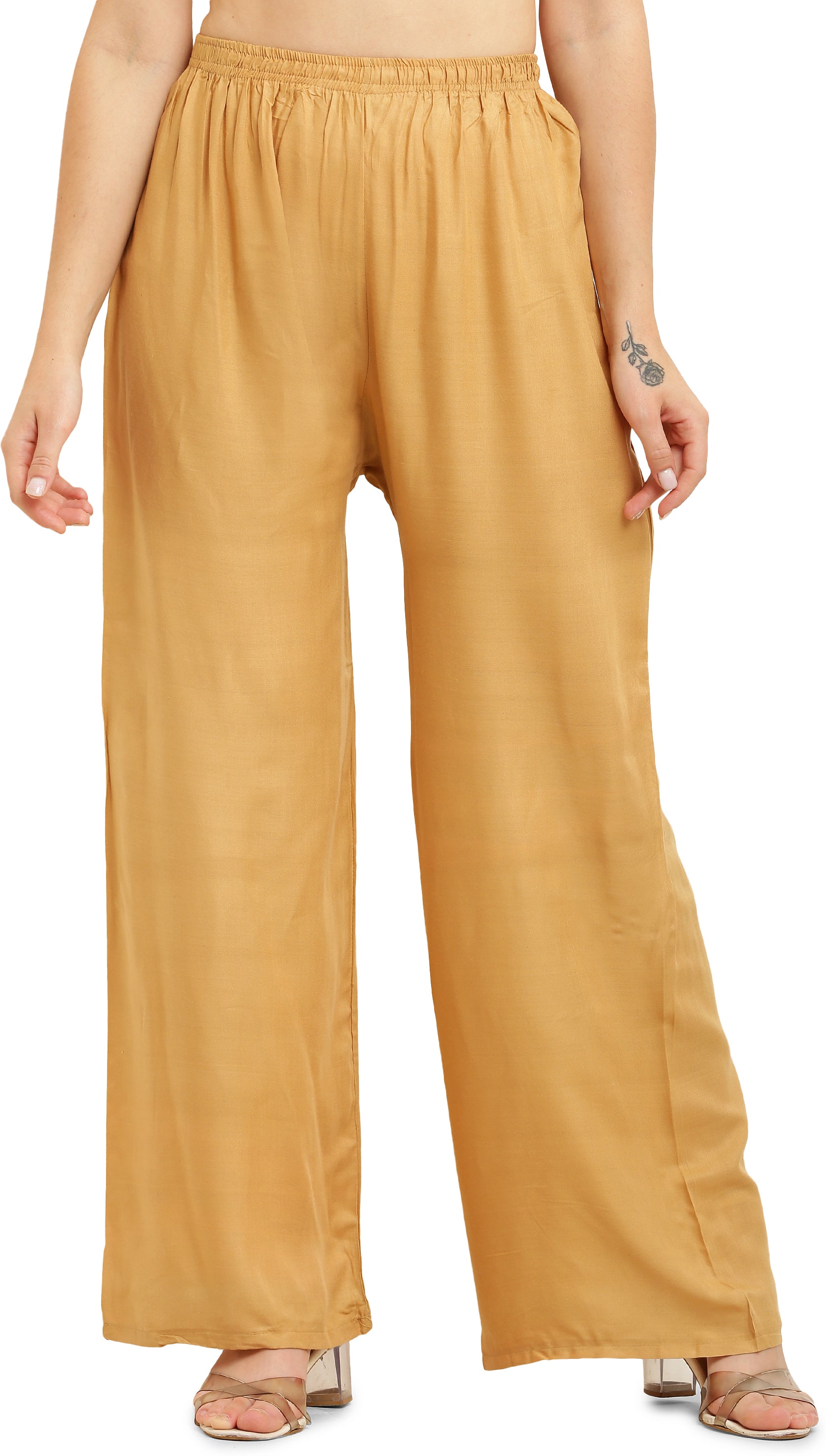 PAVONINE Beige Color Straight Fit Rayon Fabric Palazzo - Distacart