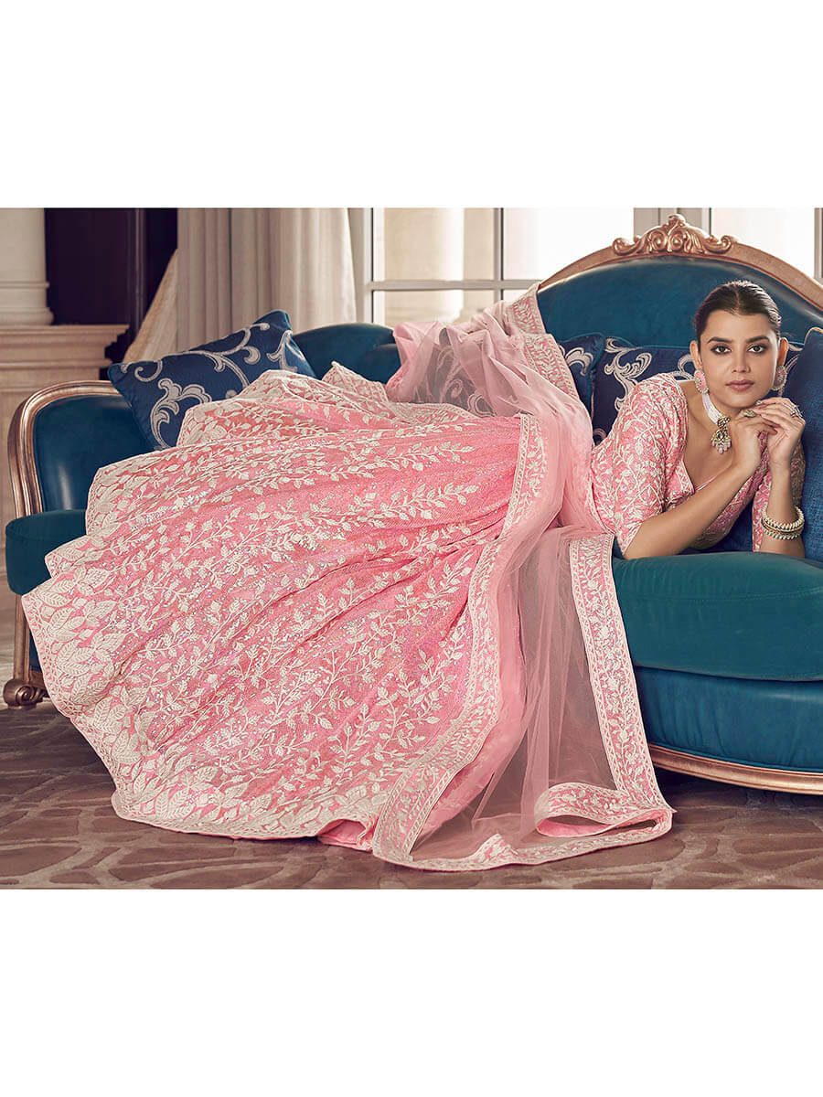 Myra Pink Organza Embroidered Designer Lehenga - Distacart