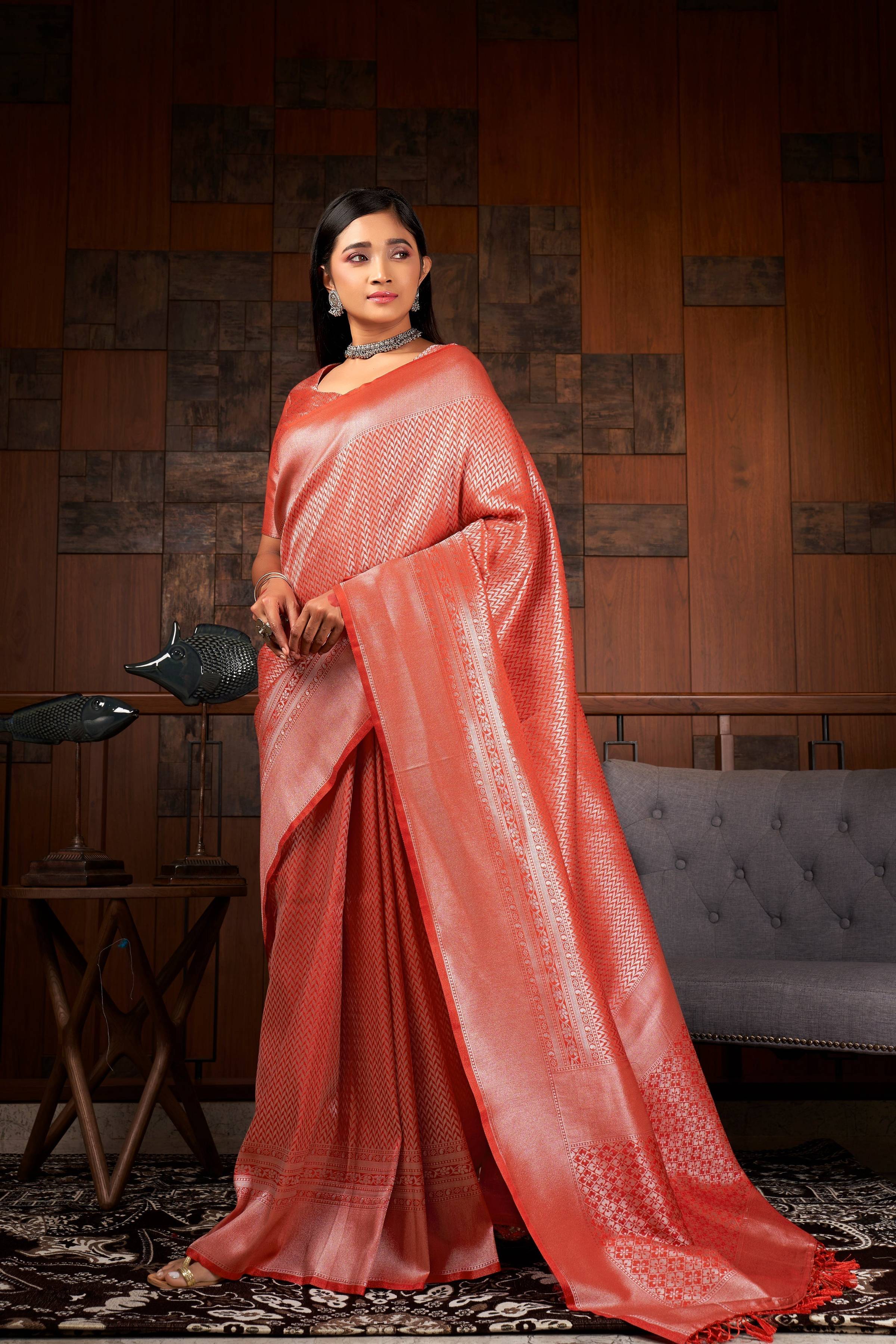Vardha Crimson Red Silver Zari Kanjeevaram Silk Saree