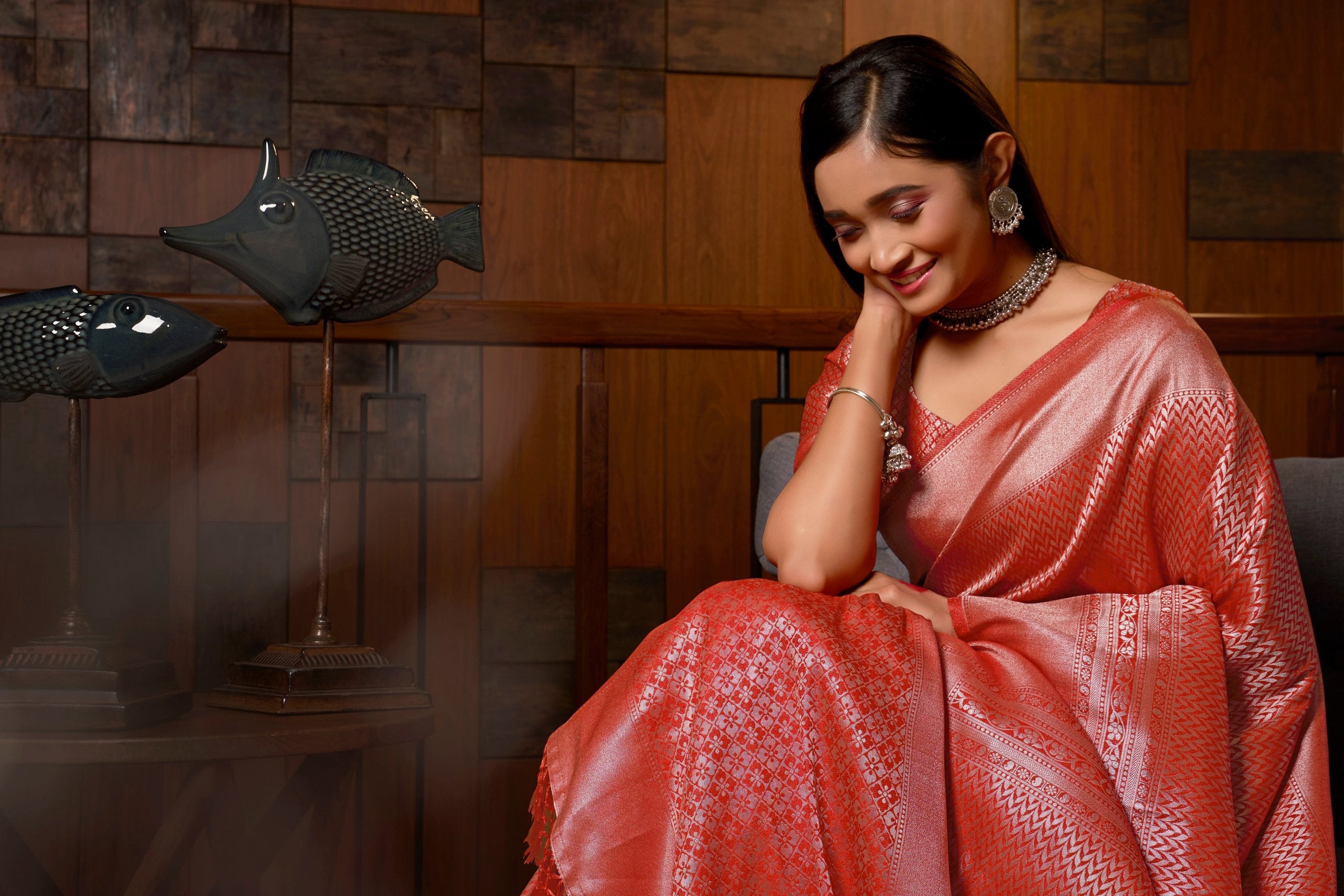 Vardha Crimson Red Silver Zari Kanjeevaram Silk Saree