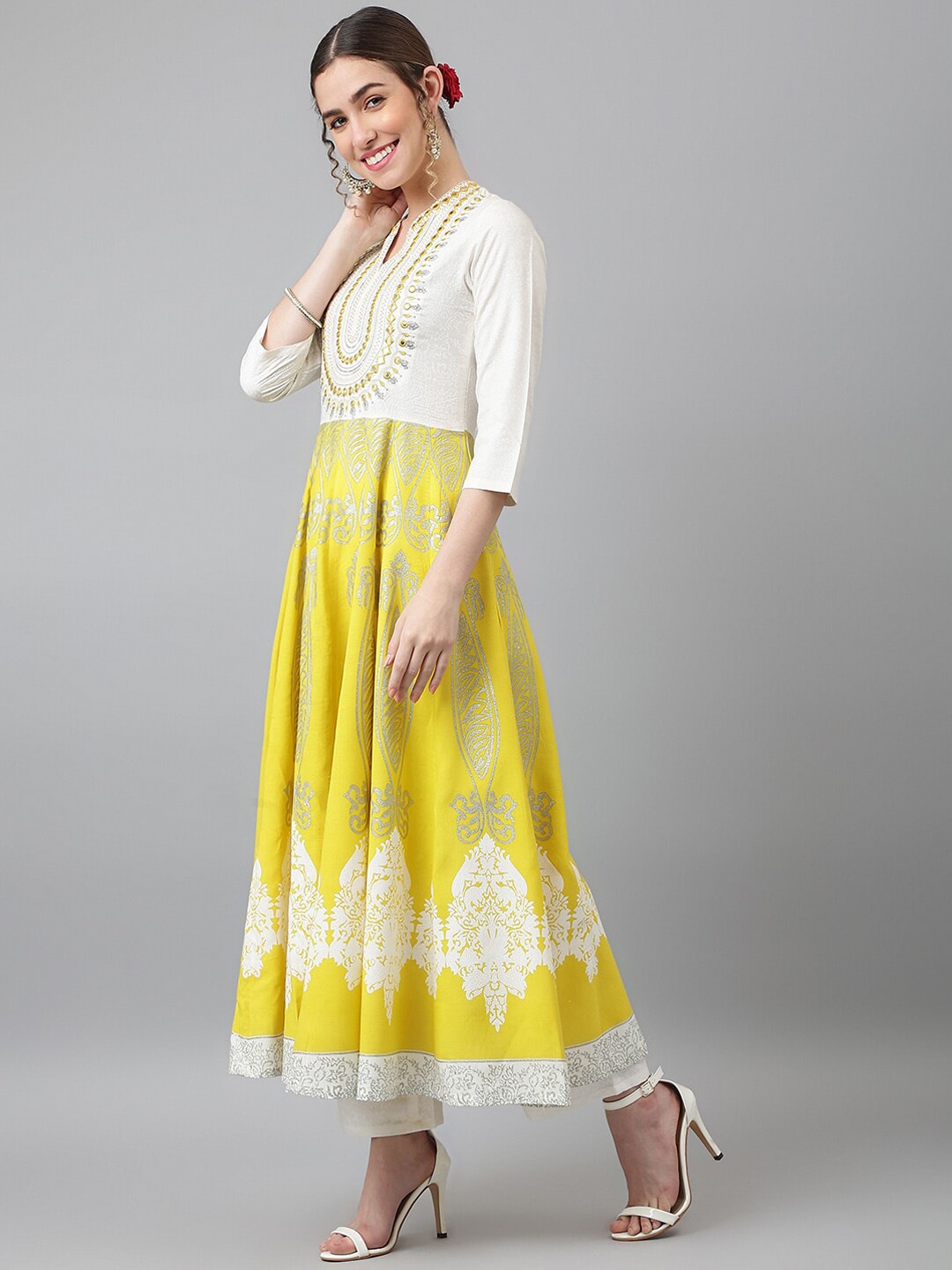 Khushal K Ethnic Motif Embroidered Band Collar Thread Work Kurta with Palazzos & Dupatta - Distacart
