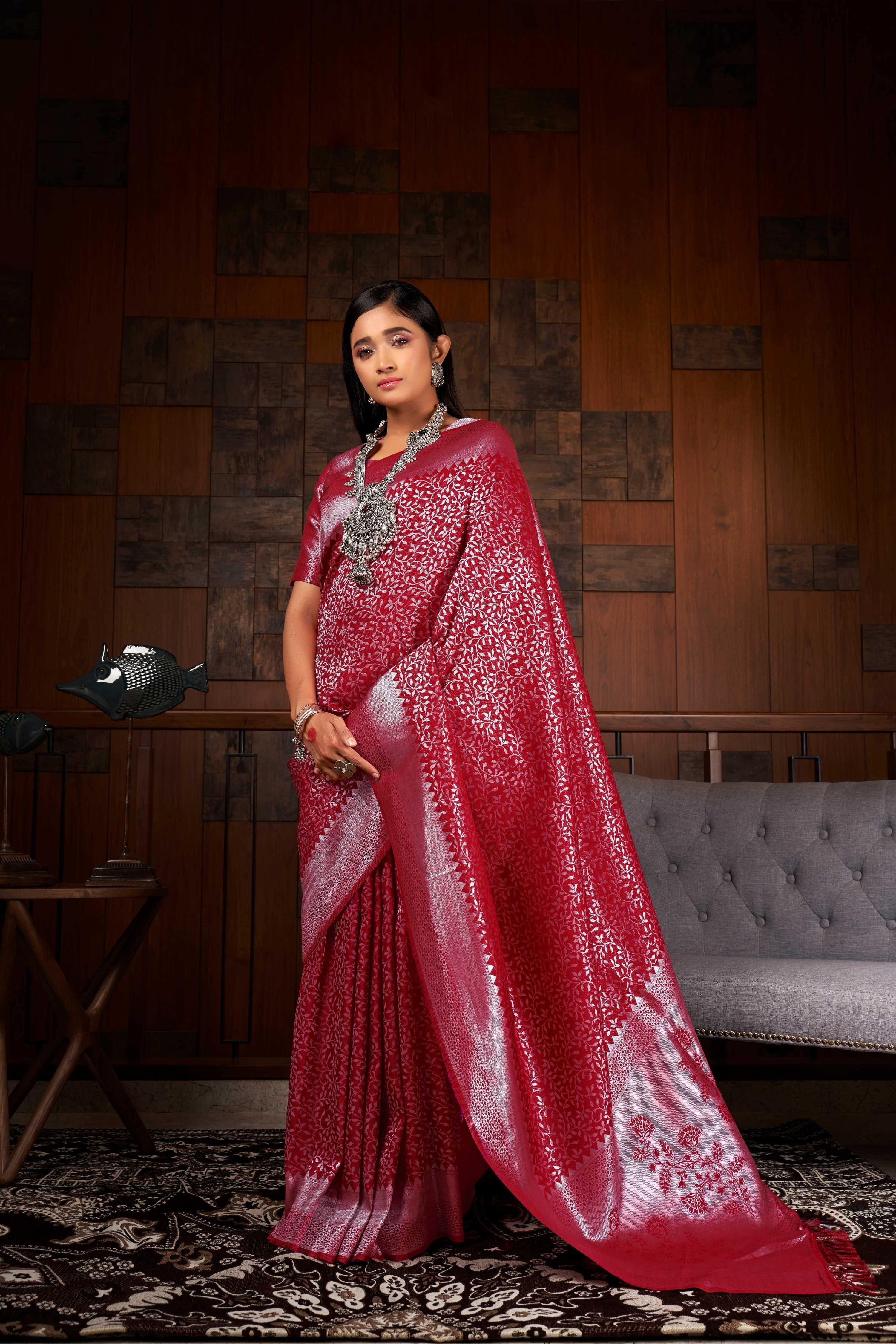 Vardha Merlot Red Silver Zari Kanjeevaram Silk Saree