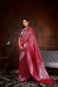Thumbnail for Vardha Merlot Red Silver Zari Kanjeevaram Silk Saree