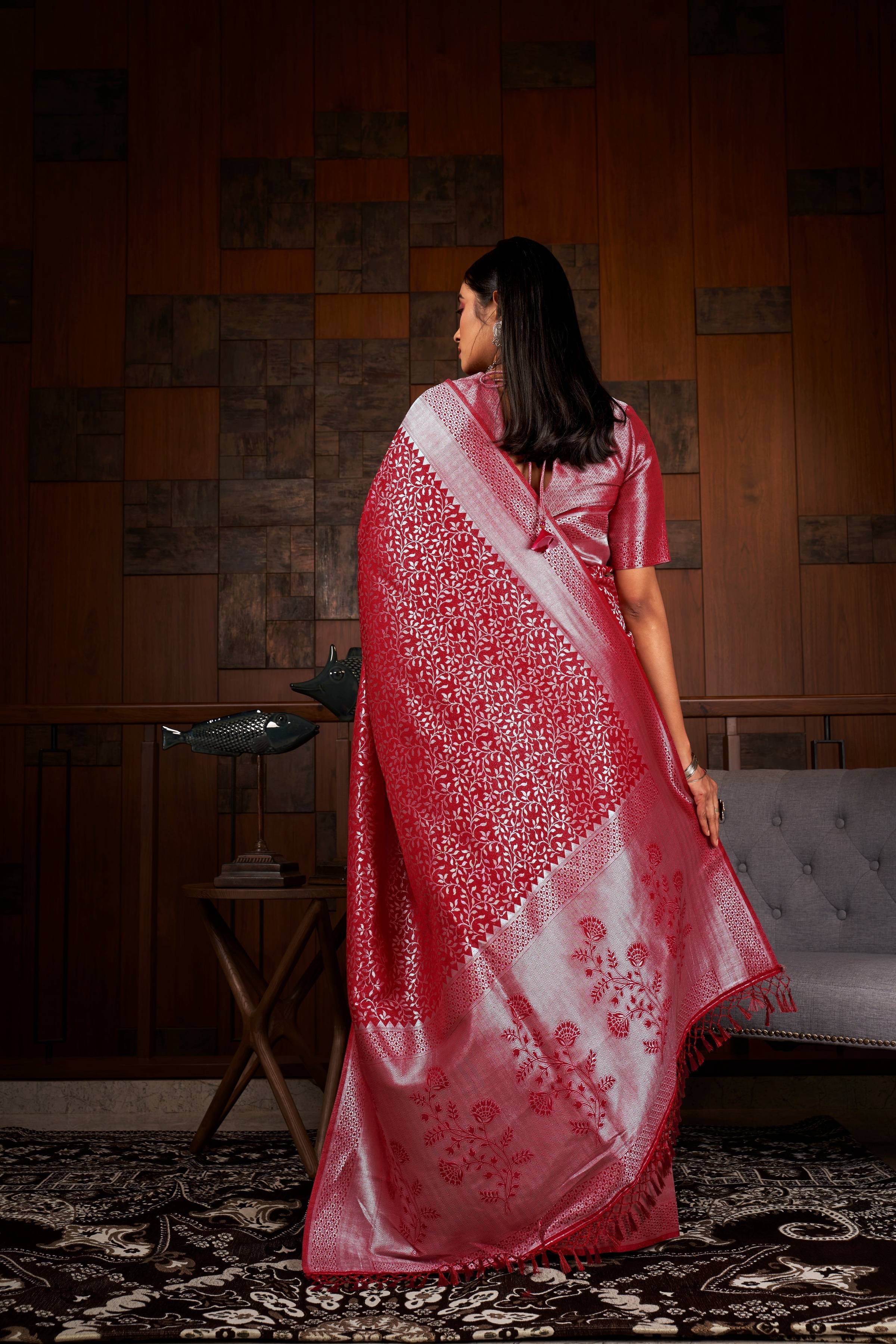Vardha Merlot Red Silver Zari Kanjeevaram Silk Saree