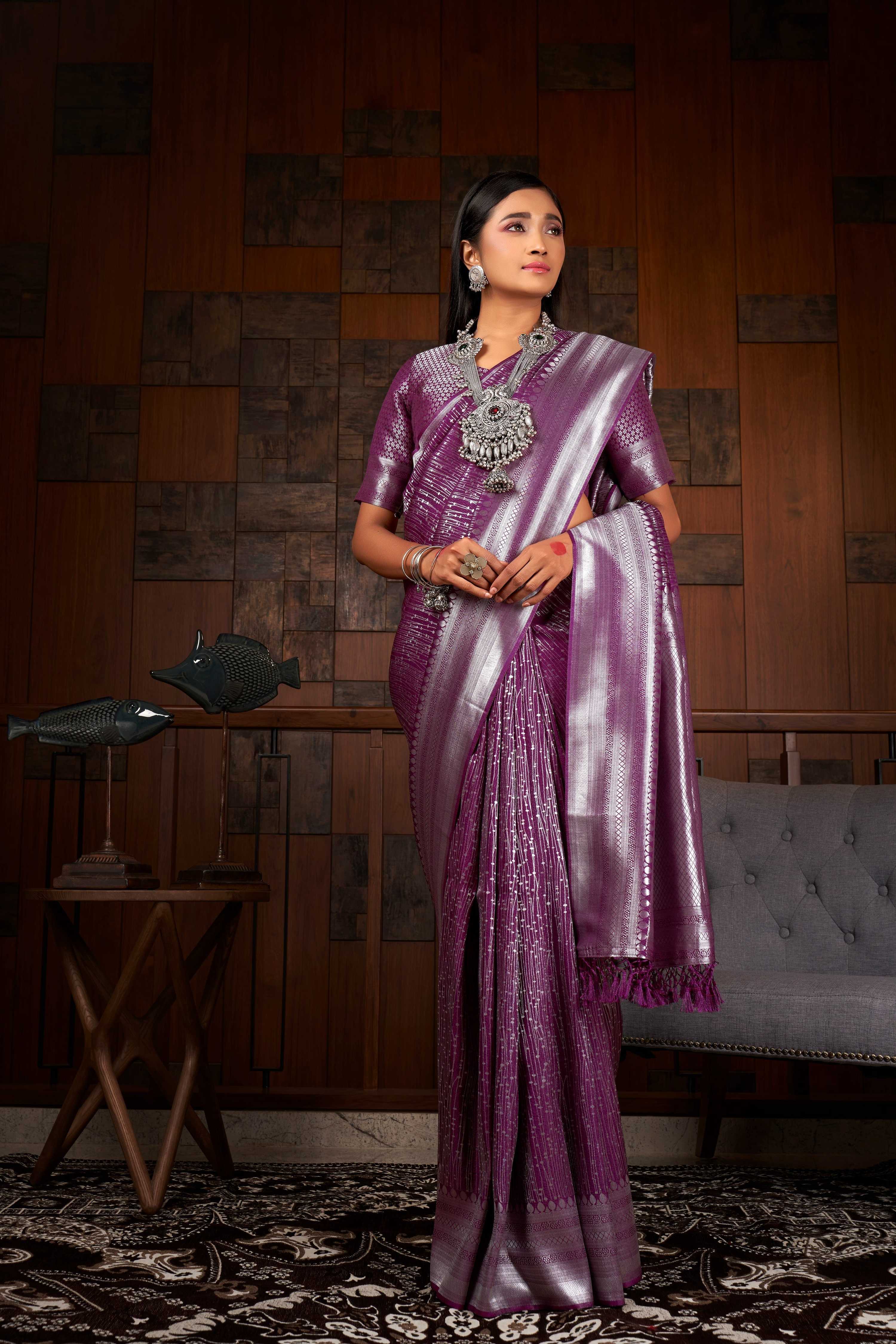 Vardha Plum Purple Silver Zari Kanjeevaram Silk Saree