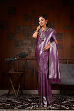 Thumbnail for Vardha Plum Purple Silver Zari Kanjeevaram Silk Saree