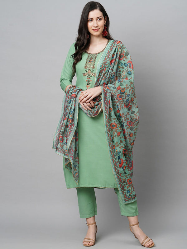 Kalini Women Green Embroidered Thread Work Kurta with Trousers & Dupatta - Distacart