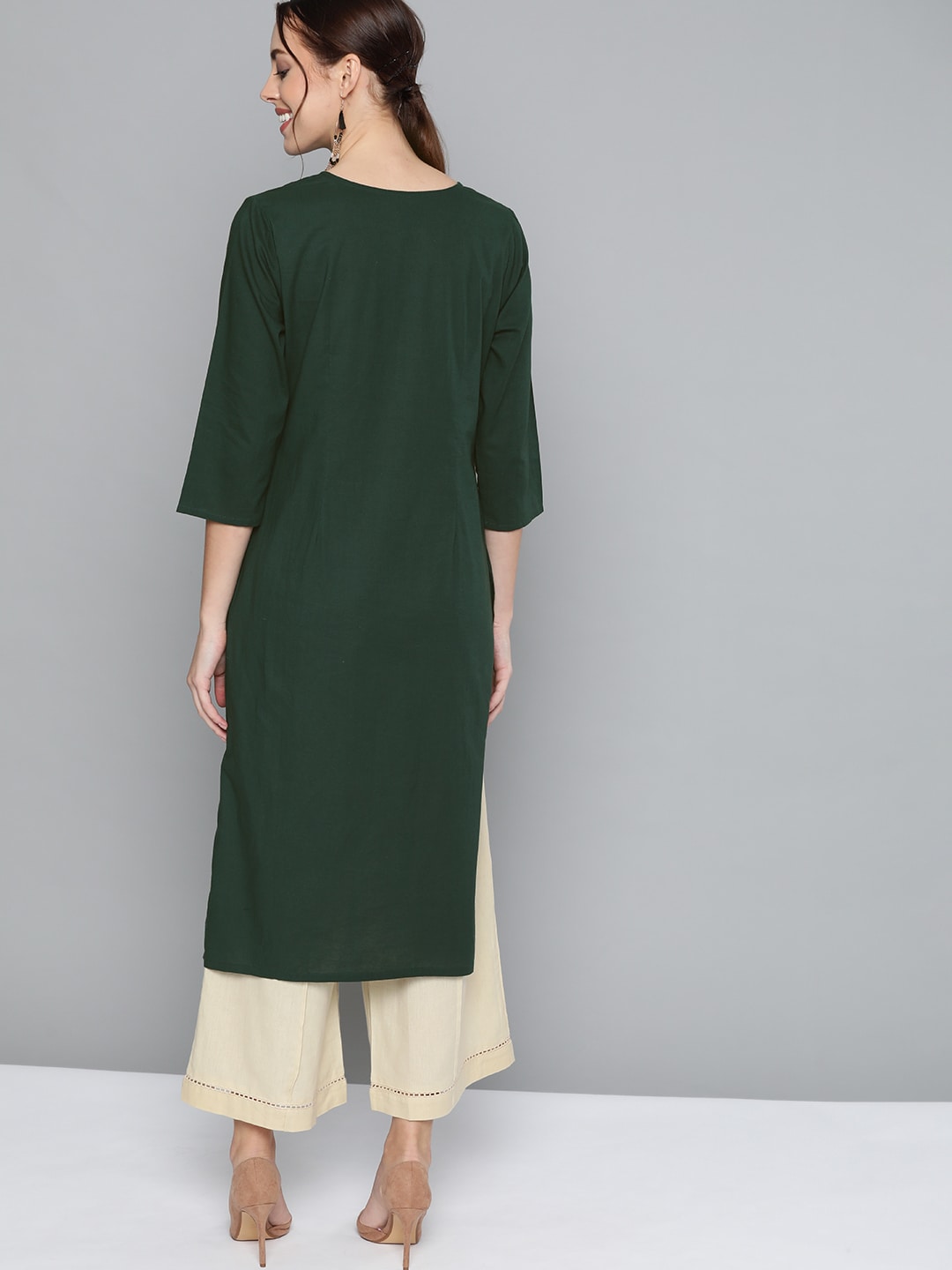 HERE&NOW Women Green Pure Cotton Solid Kurta - Distacart