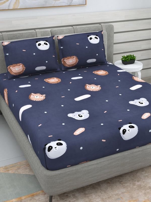 DREAM WEAVERZ Navy Blue & White Conversational Glazed Cotton 220 TC King Bedsheet with 2 Pillow Covers - Distacart