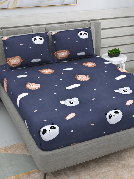 DREAM WEAVERZ Navy Blue & White Conversational Glazed Cotton 220 TC King Bedsheet with 2 Pillow Covers - Distacart