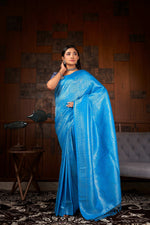 Thumbnail for Vardha Azure Blue Silver Zari Kanjeevaram Silk Saree