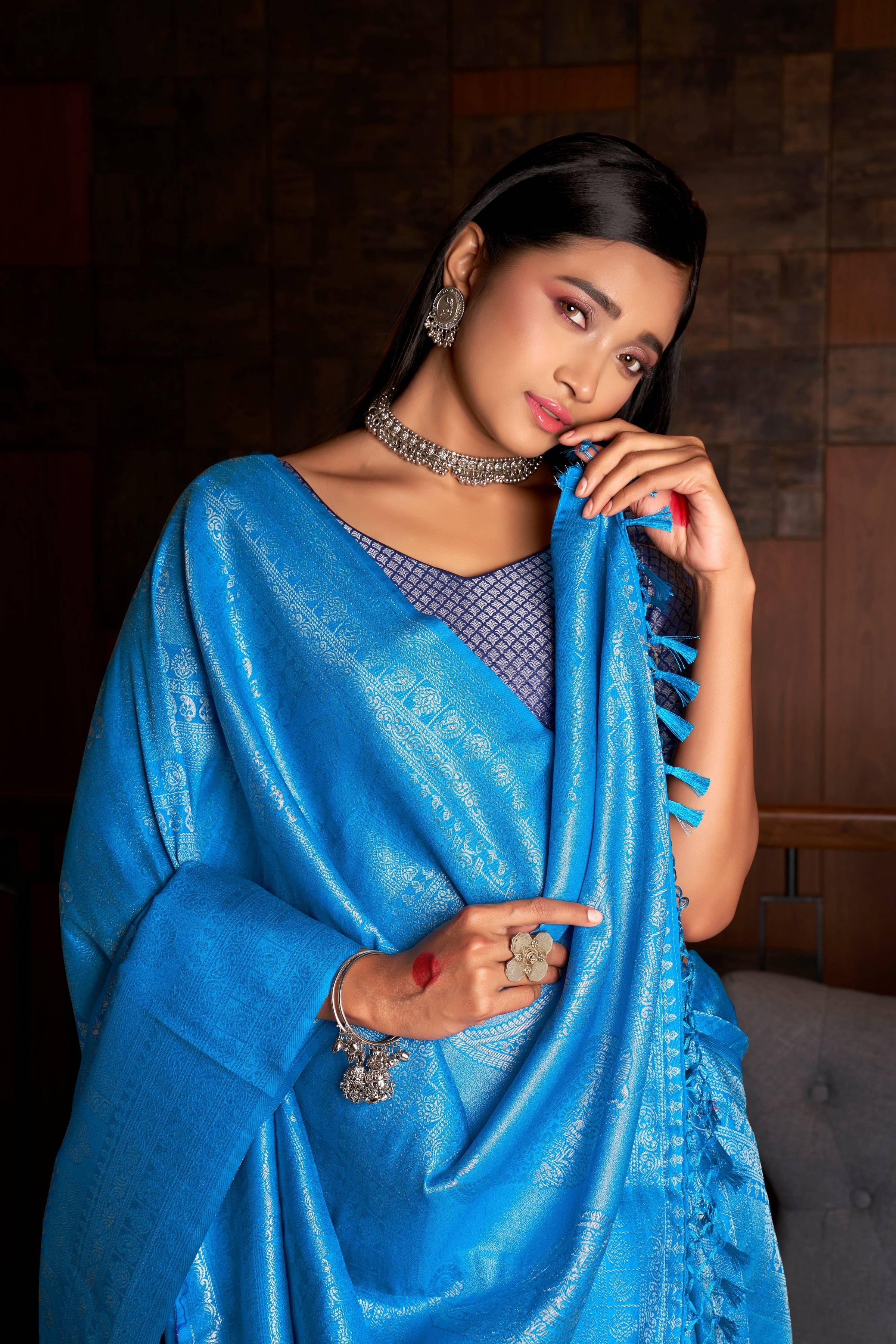 Vardha Azure Blue Silver Zari Kanjeevaram Silk Saree