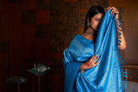 Thumbnail for Vardha Azure Blue Silver Zari Kanjeevaram Silk Saree
