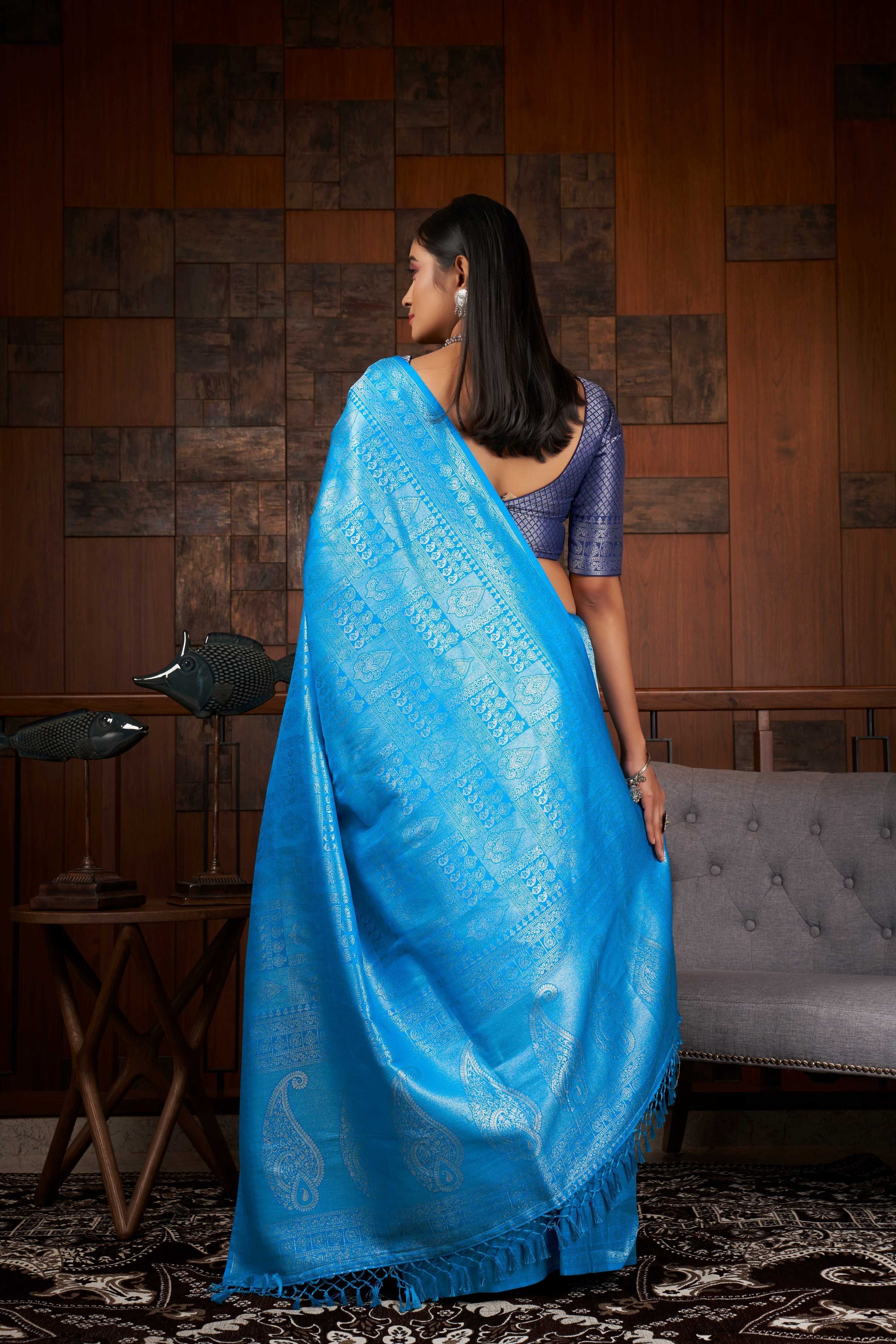 Vardha Azure Blue Silver Zari Kanjeevaram Silk Saree