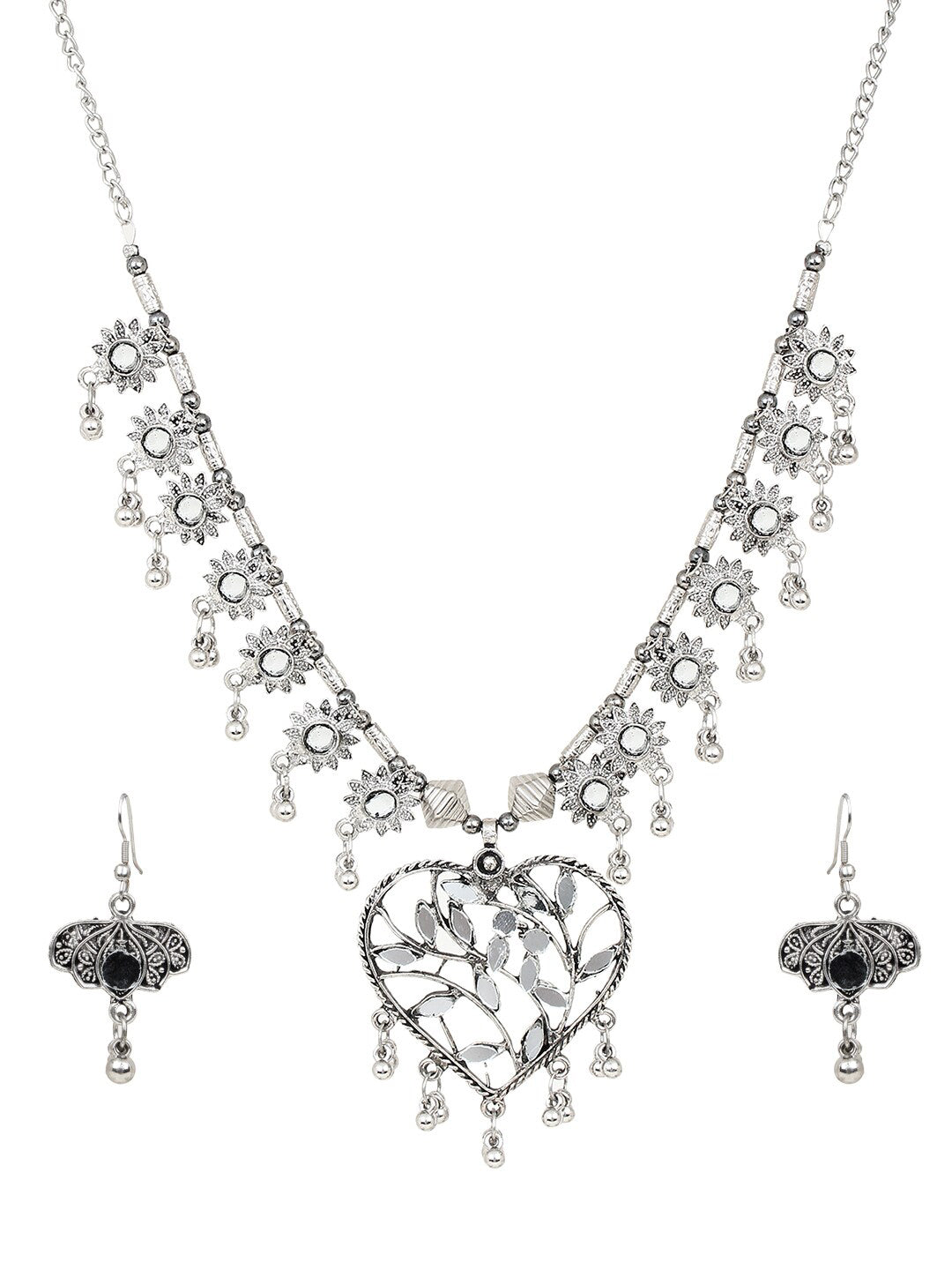 Cardinal Women Silver-Toned Oxidised Stone Studded & Beaded Heart Shaped Jewellery Set - Distacart