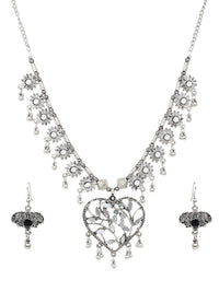 Thumbnail for Cardinal Women Silver-Toned Oxidised Stone Studded & Beaded Heart Shaped Jewellery Set - Distacart