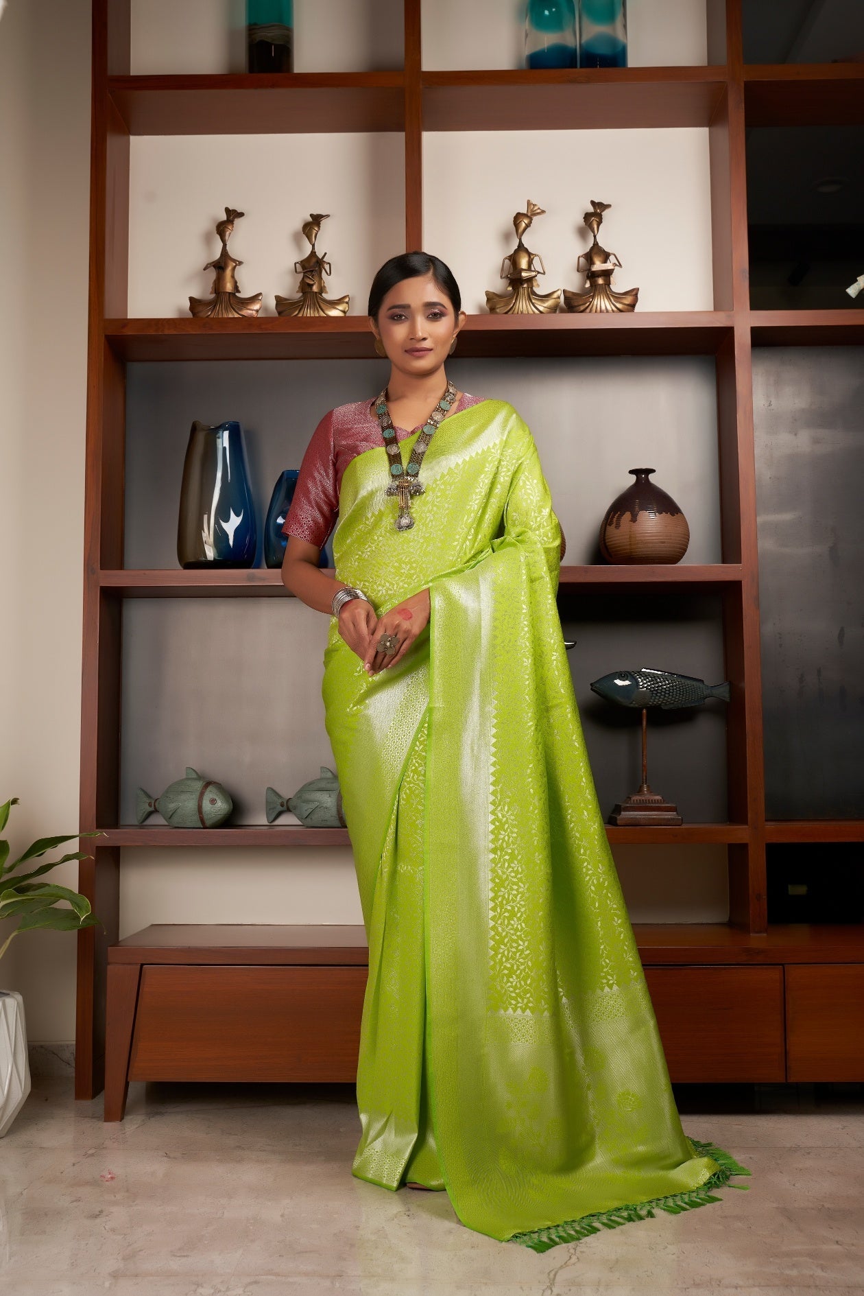 Vardha Chartreuse Green Silver Zari Kanjeevaram Silk Saree