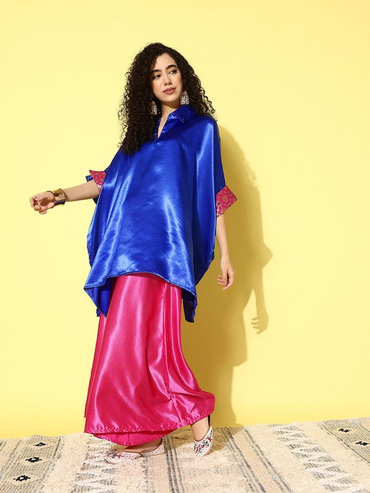 InWeave Women's Blue Pink Brocade Satin Boho Kurta Pink Palazzo Set - Distacart