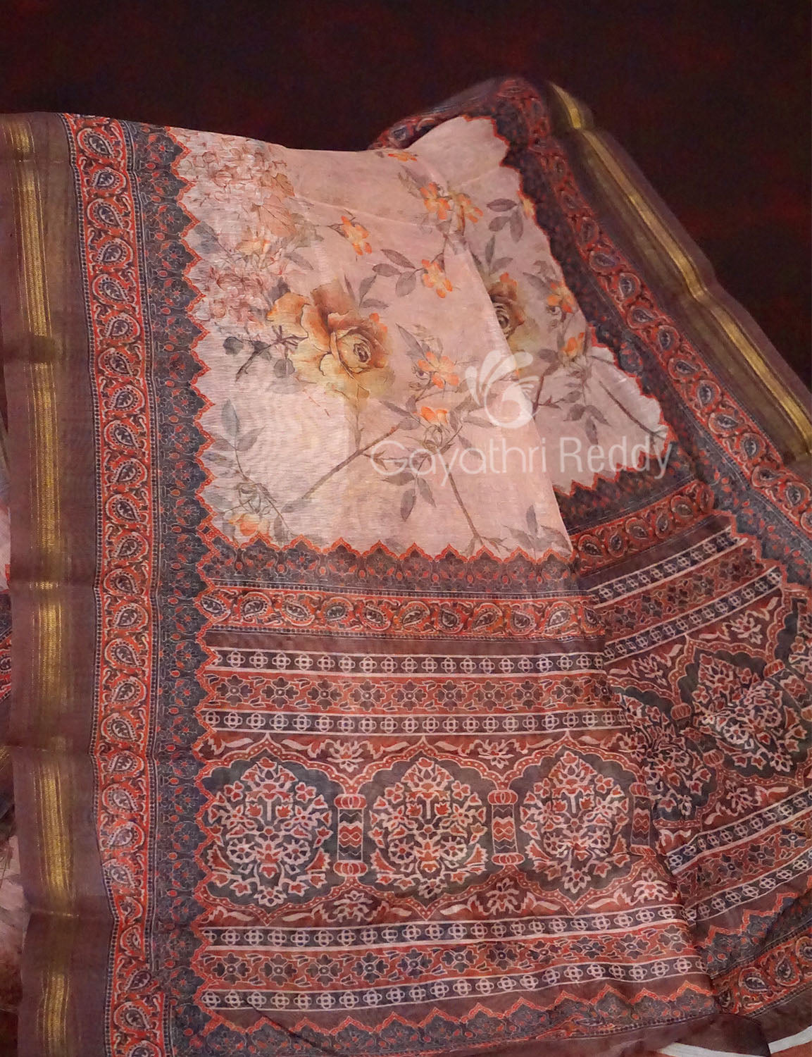 Light Brown Colour Print Design Semi Chanderi Saree By Gayathri Reddy Designer Studio - Distacart
