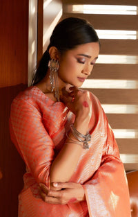 Thumbnail for Vardha Peach Orange Silver Zari Kanjeevaram Silk Saree