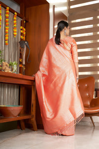 Thumbnail for Vardha Peach Orange Silver Zari Kanjeevaram Silk Saree
