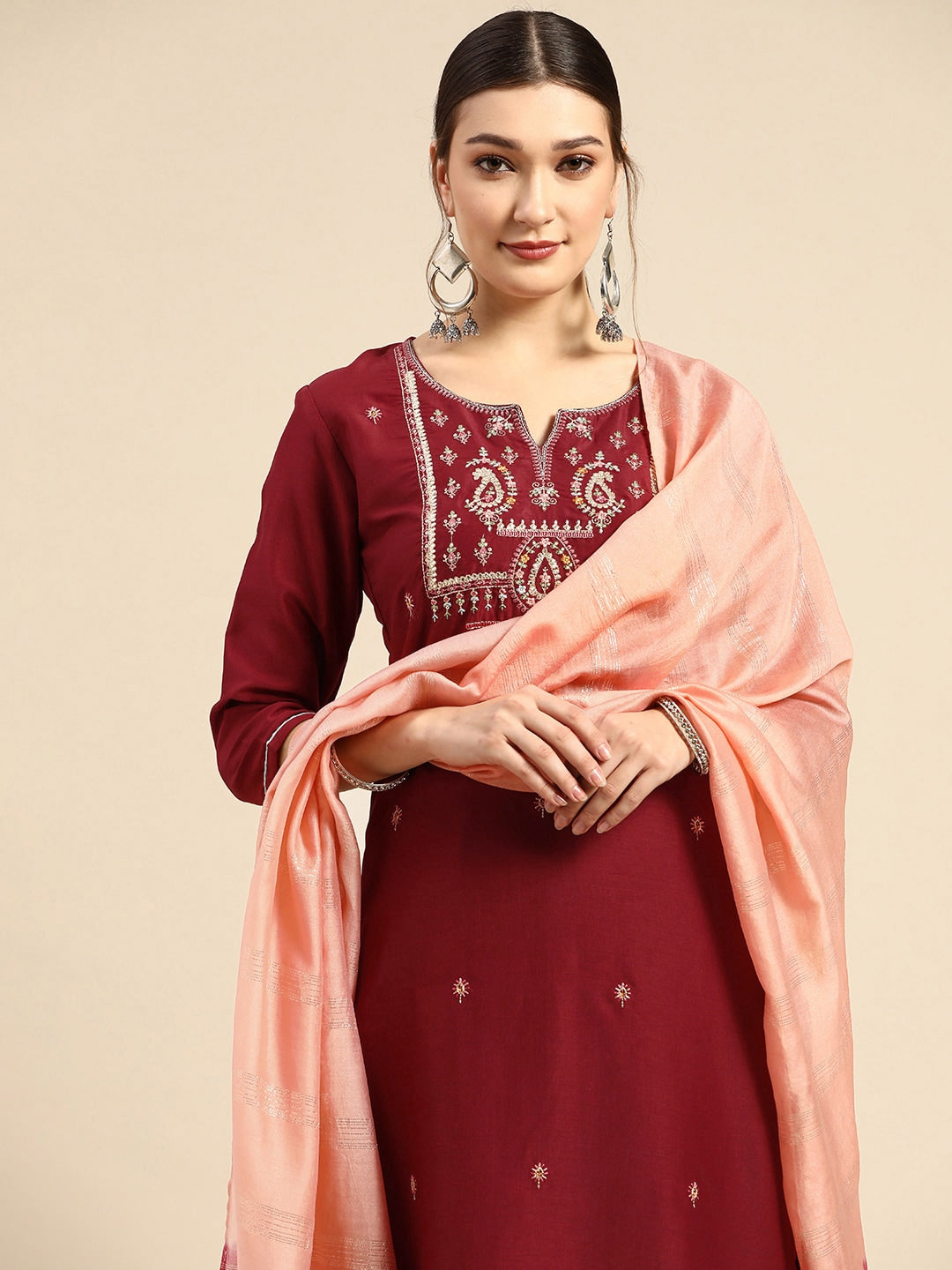 Sangria Women Red Ethnic Motifs Embroidered Pure Cotton Kurta with Trousers & With Dupatta - Distacart