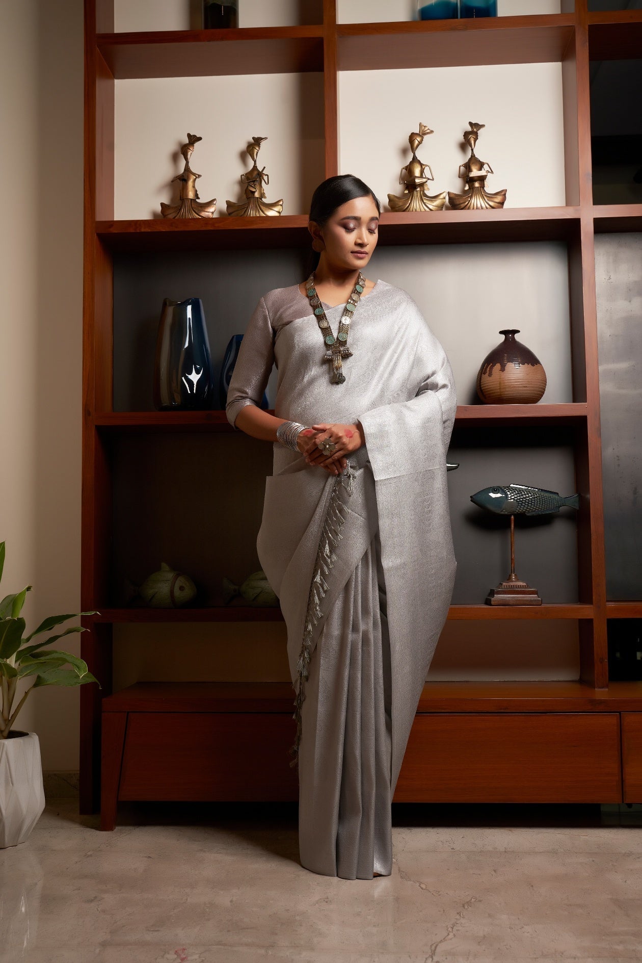 Vardha Platinum Grey Silver Zari Kanjeevaram Silk Saree
