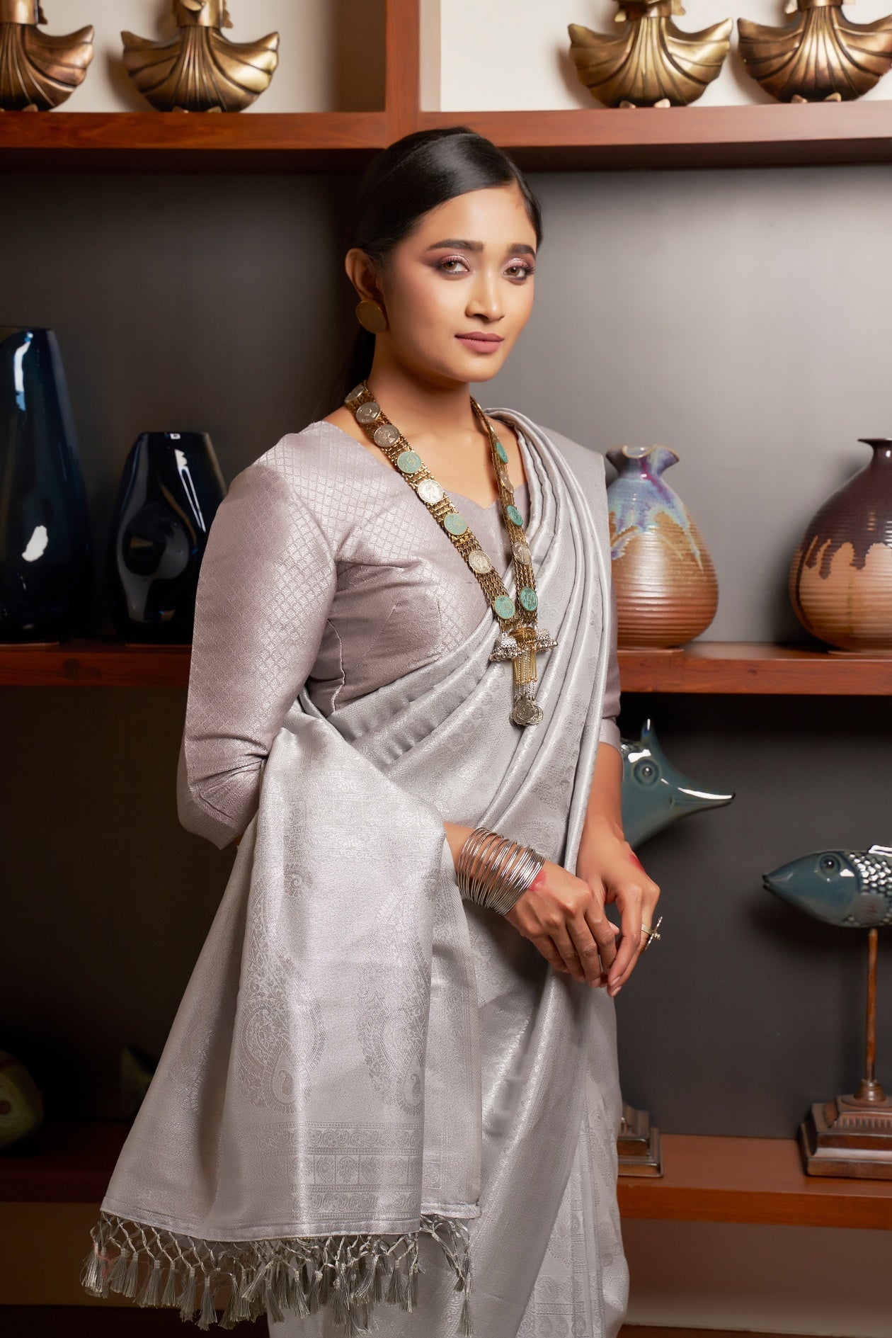 Vardha Platinum Grey Silver Zari Kanjeevaram Silk Saree