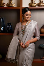 Thumbnail for Vardha Platinum Grey Silver Zari Kanjeevaram Silk Saree
