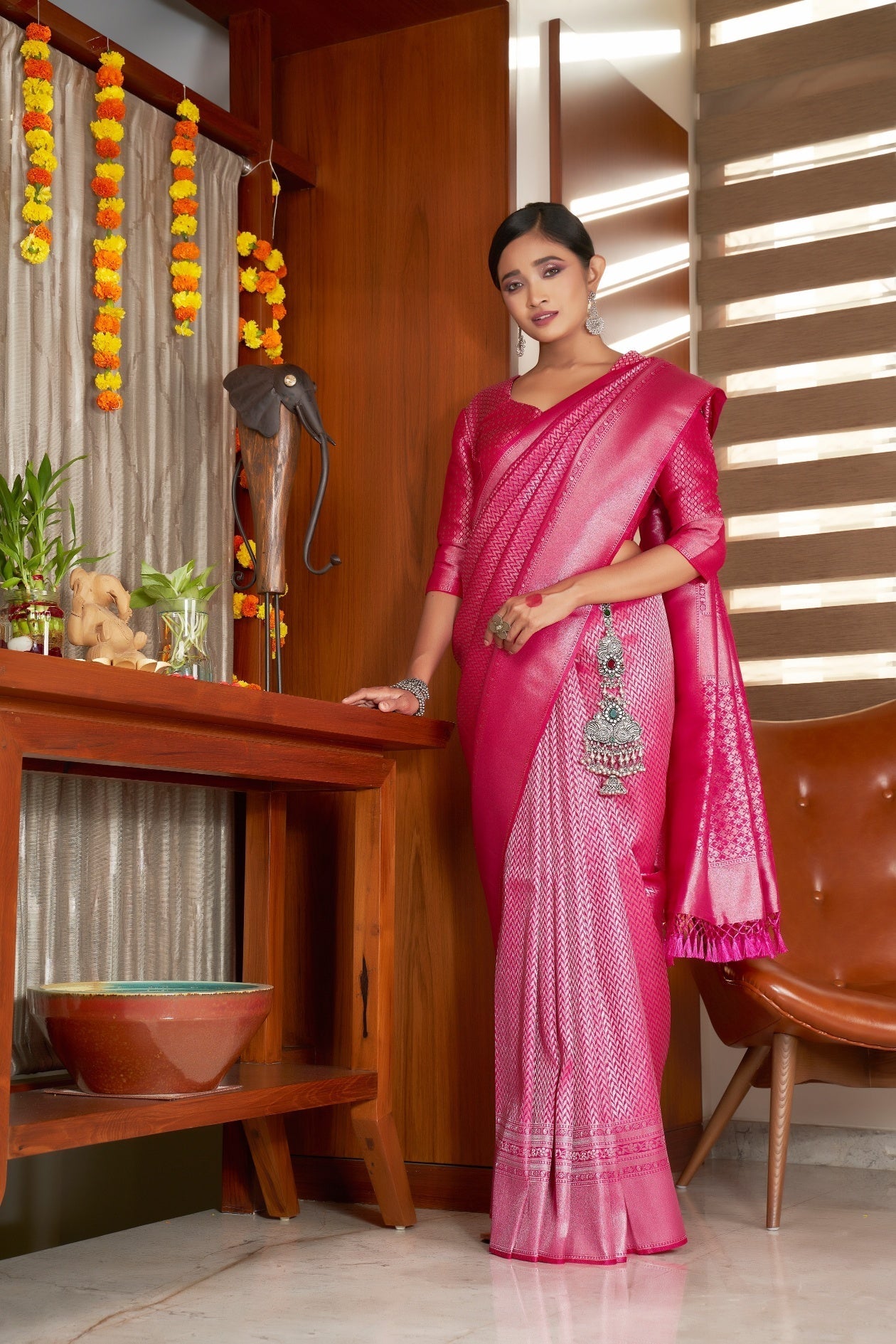 Vardha Candy Apple Red Silver Zari Kanjeevaram Silk Saree