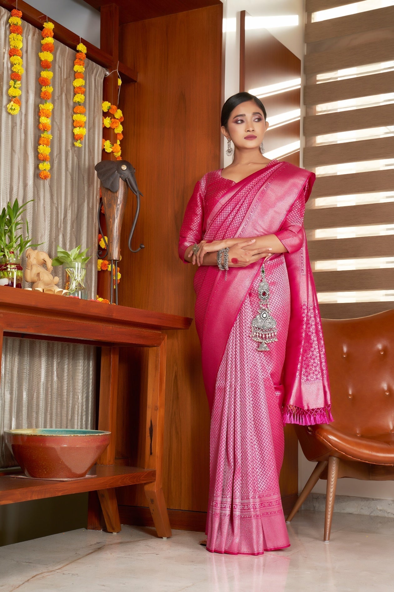 Vardha Candy Apple Red Silver Zari Kanjeevaram Silk Saree
