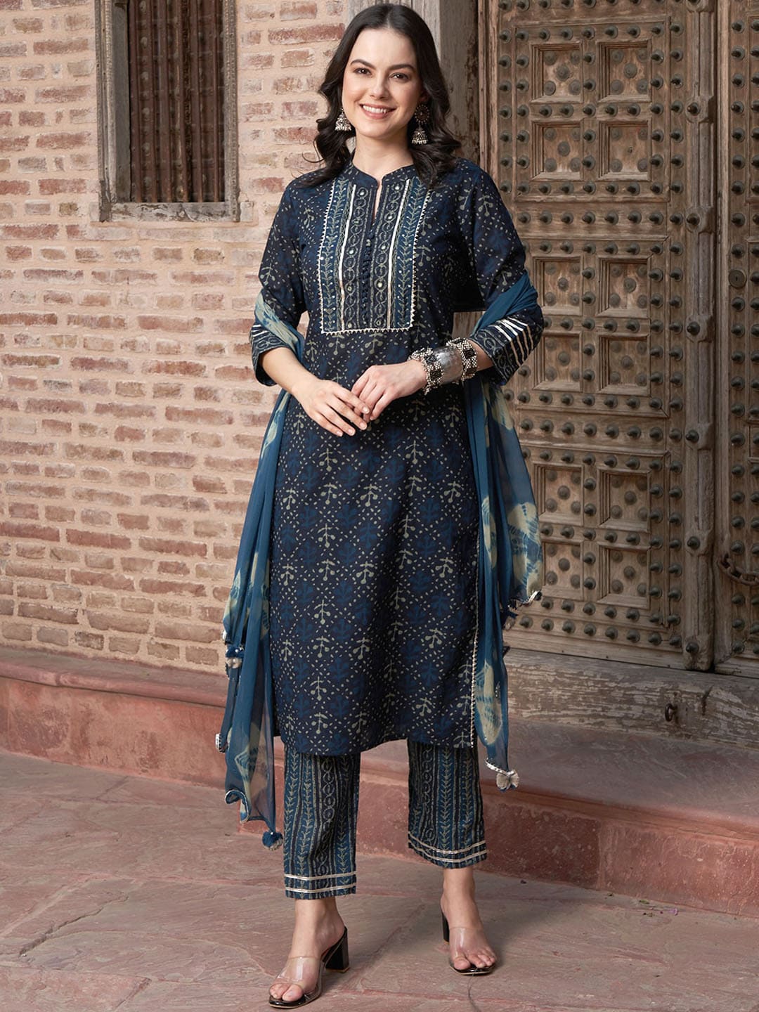Sangria Blue Ethnic Motifs Embroidered Gotta Patti Pure Cotton Kurta Set With Dupatta - Distacart