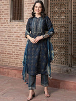 Thumbnail for Sangria Blue Ethnic Motifs Embroidered Gotta Patti Pure Cotton Kurta Set With Dupatta - Distacart