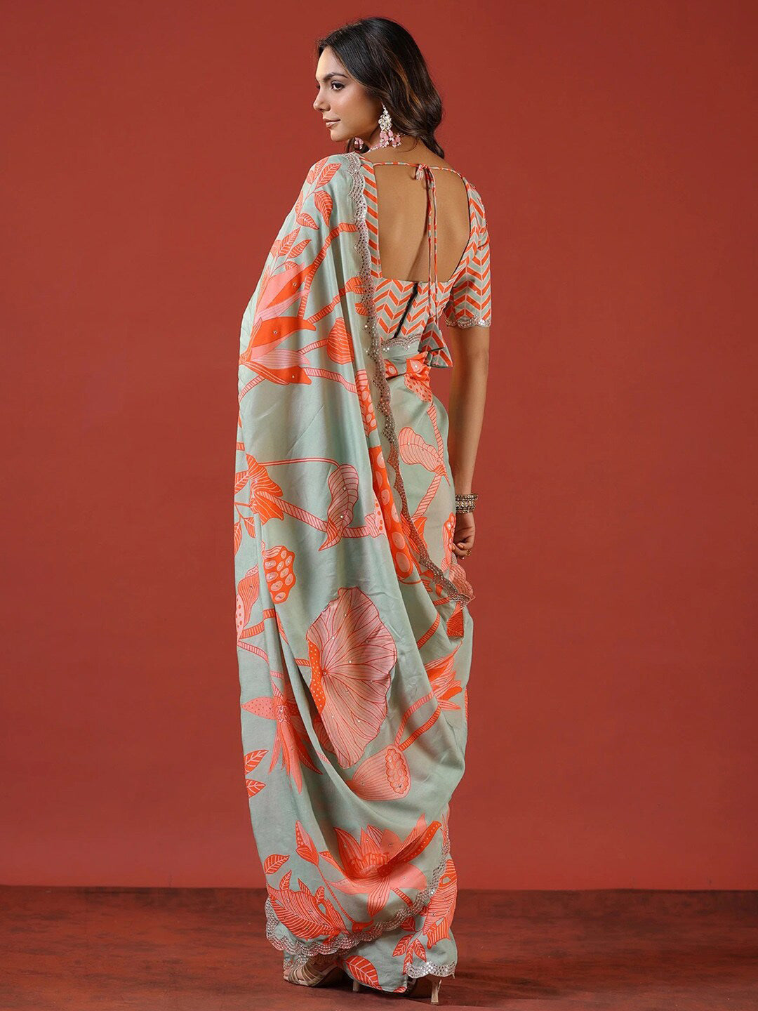 Sangria Sea Green Floral Printed Zari Saree - Distacart