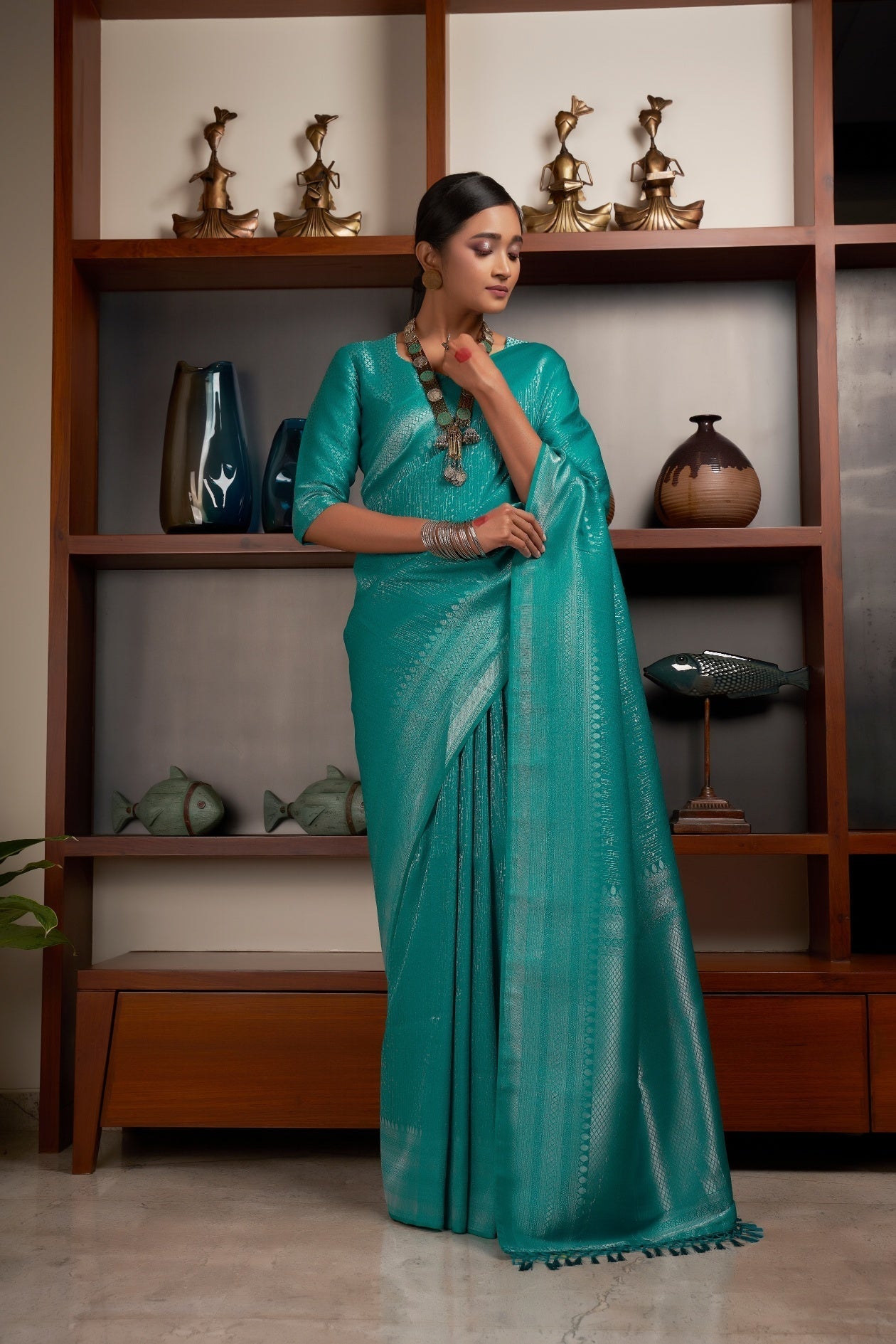 Vardha Sapphire Green Silver Zari Kanjeevaram Silk Saree