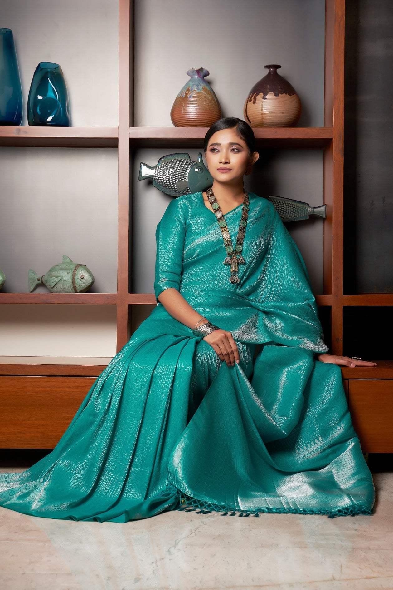 Vardha Sapphire Green Silver Zari Kanjeevaram Silk Saree