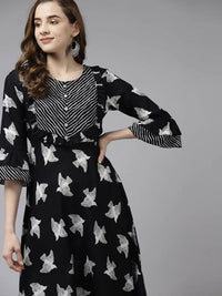 Thumbnail for Yufta Black & White Pure Cotton Bird Print Maxi Flared Dress
