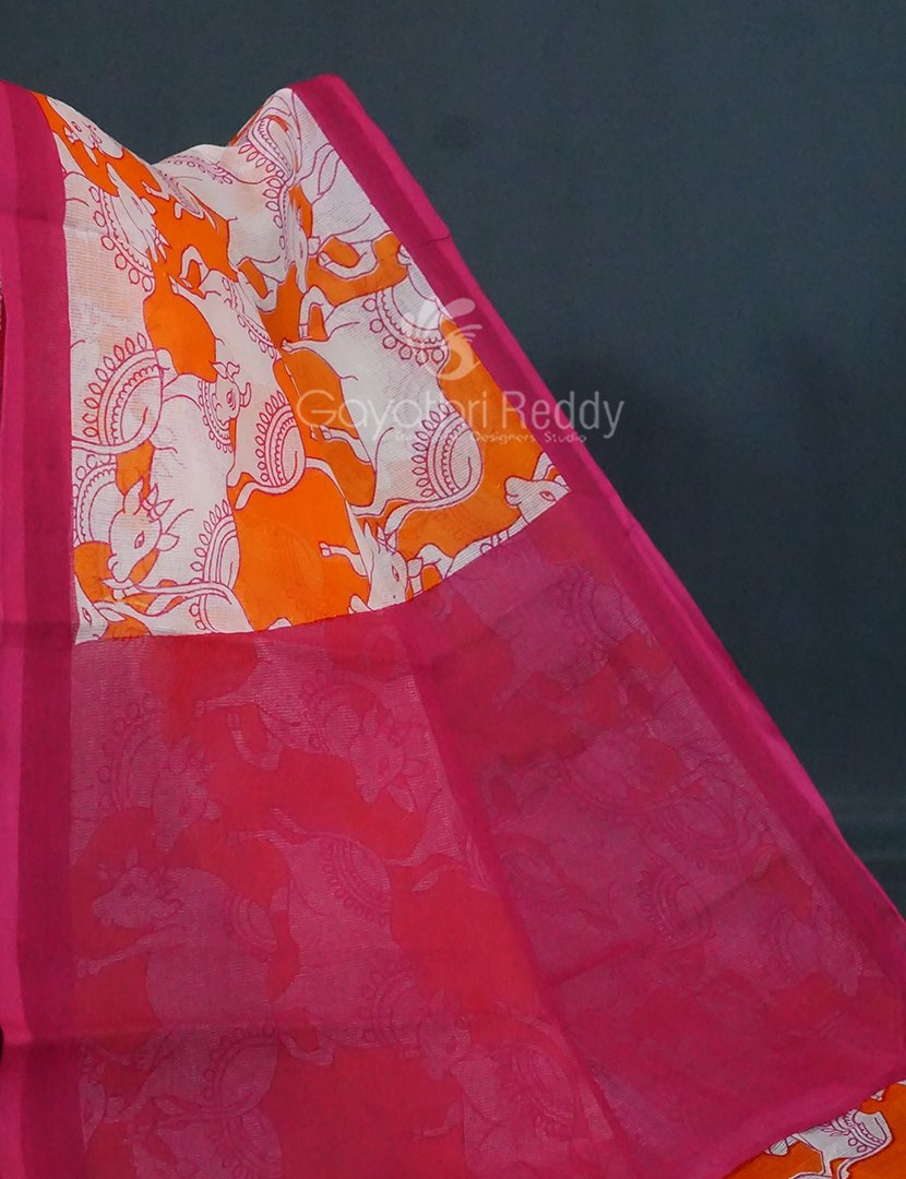 Shades of Orange And Pink With Pichwai Print Munga Cotton Saree By Gayathri Reddy Designer Studio - Distacart