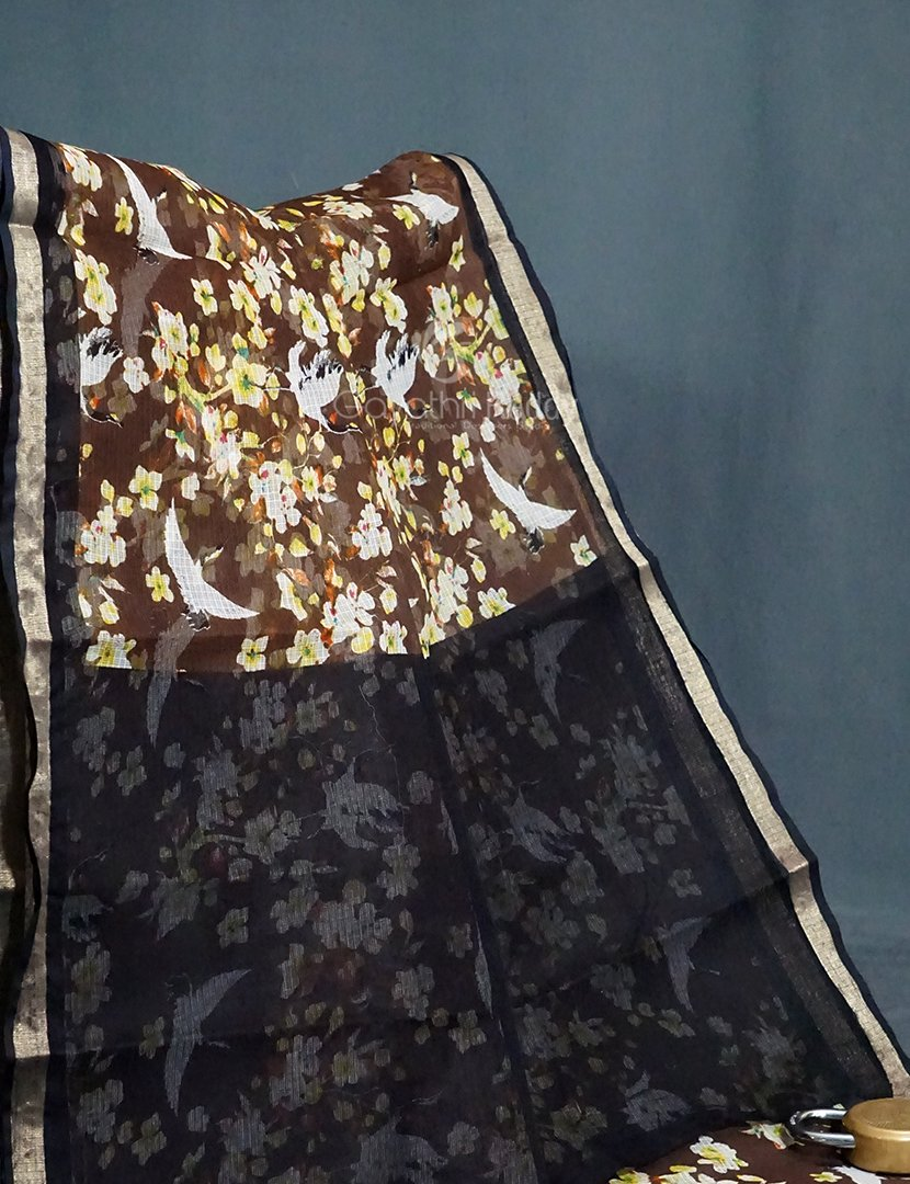 Dark Dry Mehndi Colour Block Print Pure Kota Cotton Saree By Gayathri Reddy Designer Studio - Distacart