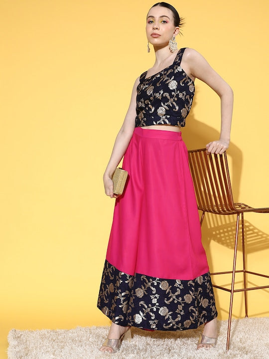 InWeave Women's Blue Brocade Strappy Top W Fuchsia Blue Brocade Palazzo Set - Distacart