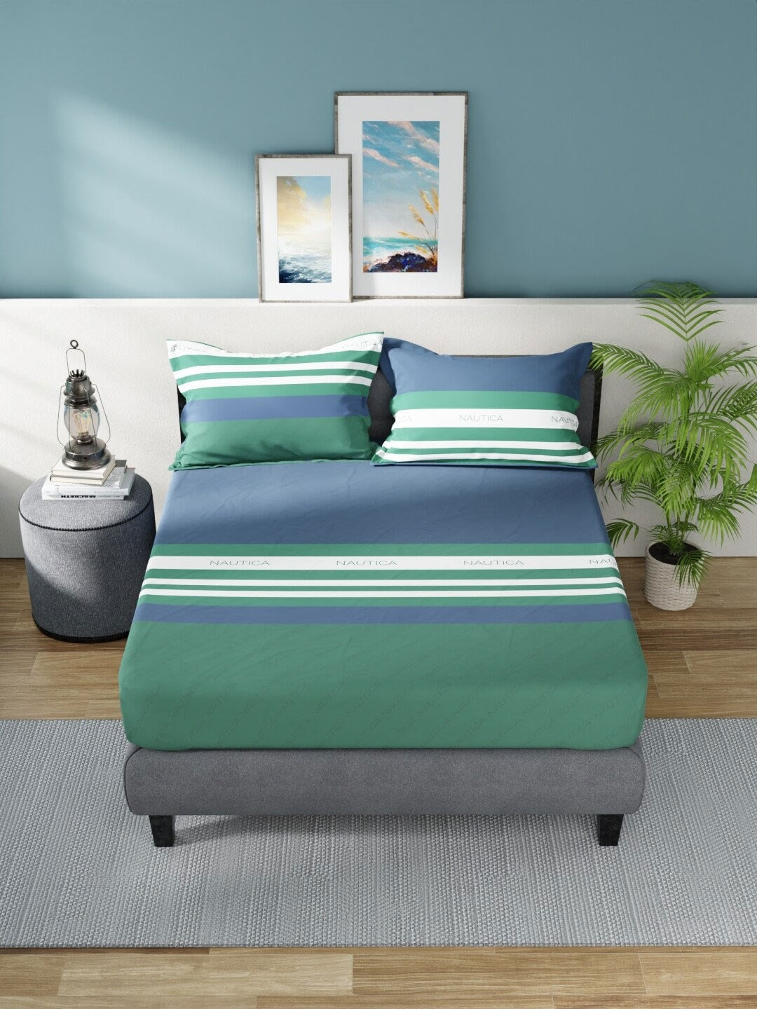 Nautica Bradford Blue & Green Striped 160 TC Pure Cotton King Bedsheet & 2 Pillow Covers - Distacart