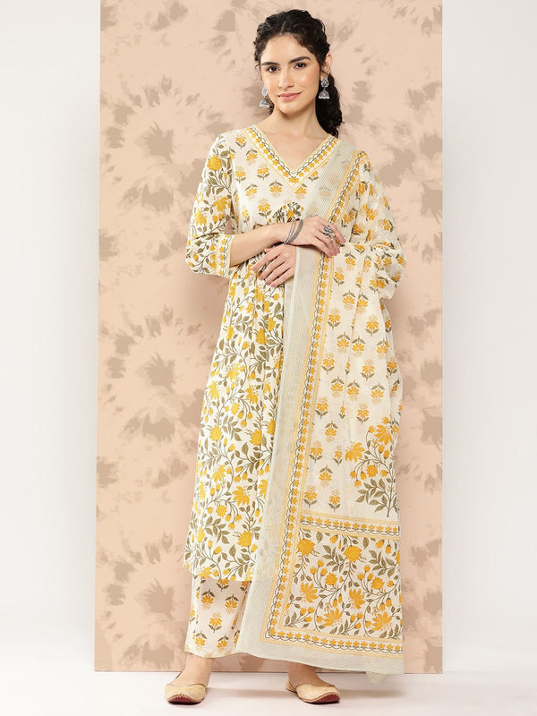 Kalini Women Floral Printed Empire Pure Cotton Kurta with Trousers & With Dupatta - Distacart