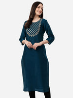 Thumbnail for HERE&NOW Women Teal Ethnic Motifs Embroidered Kurta - Distacart