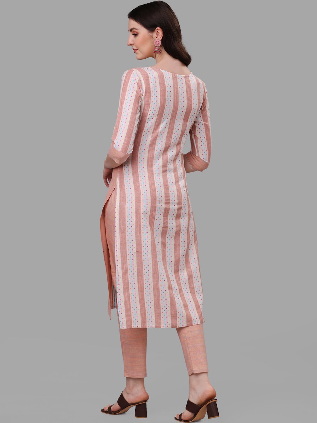 HERE&NOW Peach & White Striped Pure Cotton Kurta With Trousers & Dupatta - Distacart