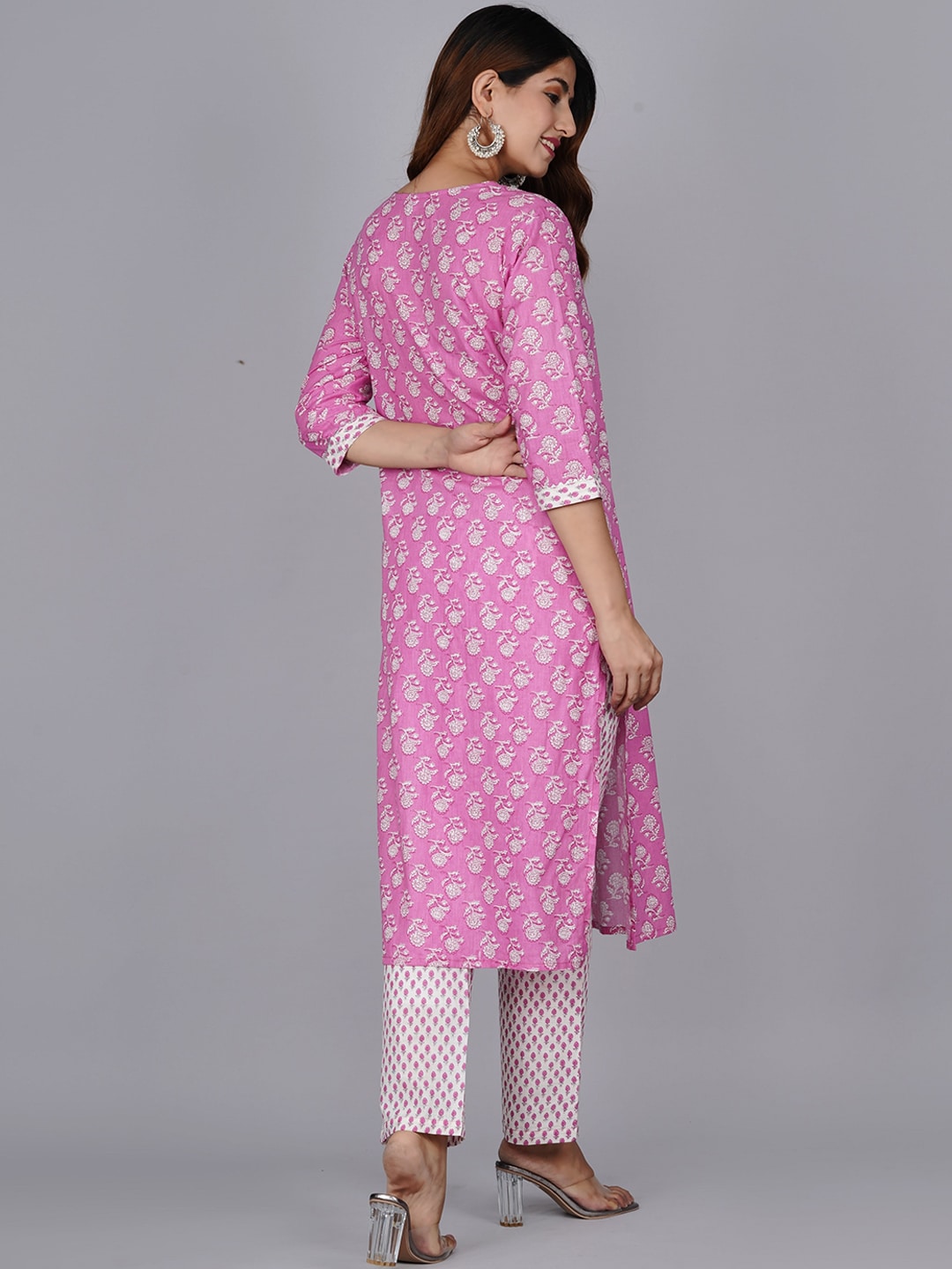 Kalini Women Pink Ethnic Motifs Printed Pure Cotton Kurta with Trouser & Dupatta - Distacart