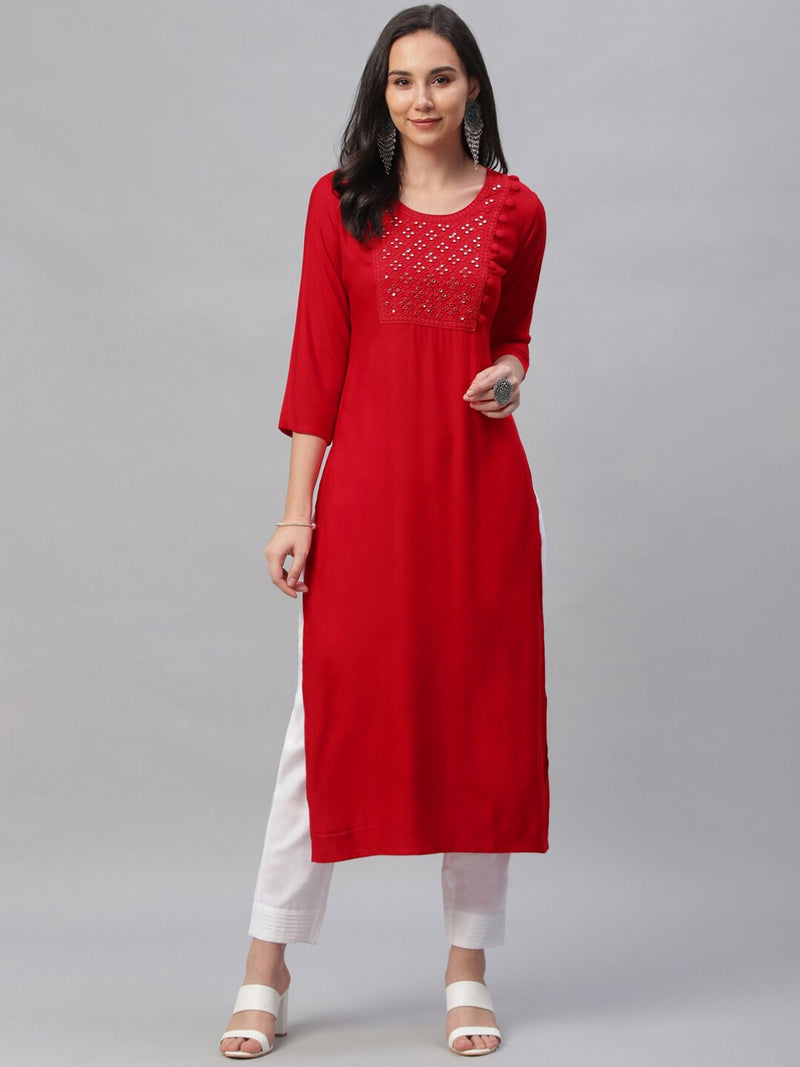 Libas Red Embroidered Straight Kurta - Distacart