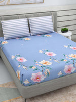 Thumbnail for DREAM WEAVERZ Blue & Pink Floral Glazed Cotton 220 TC King Bedsheet with 2 Pillow Covers - Distacart