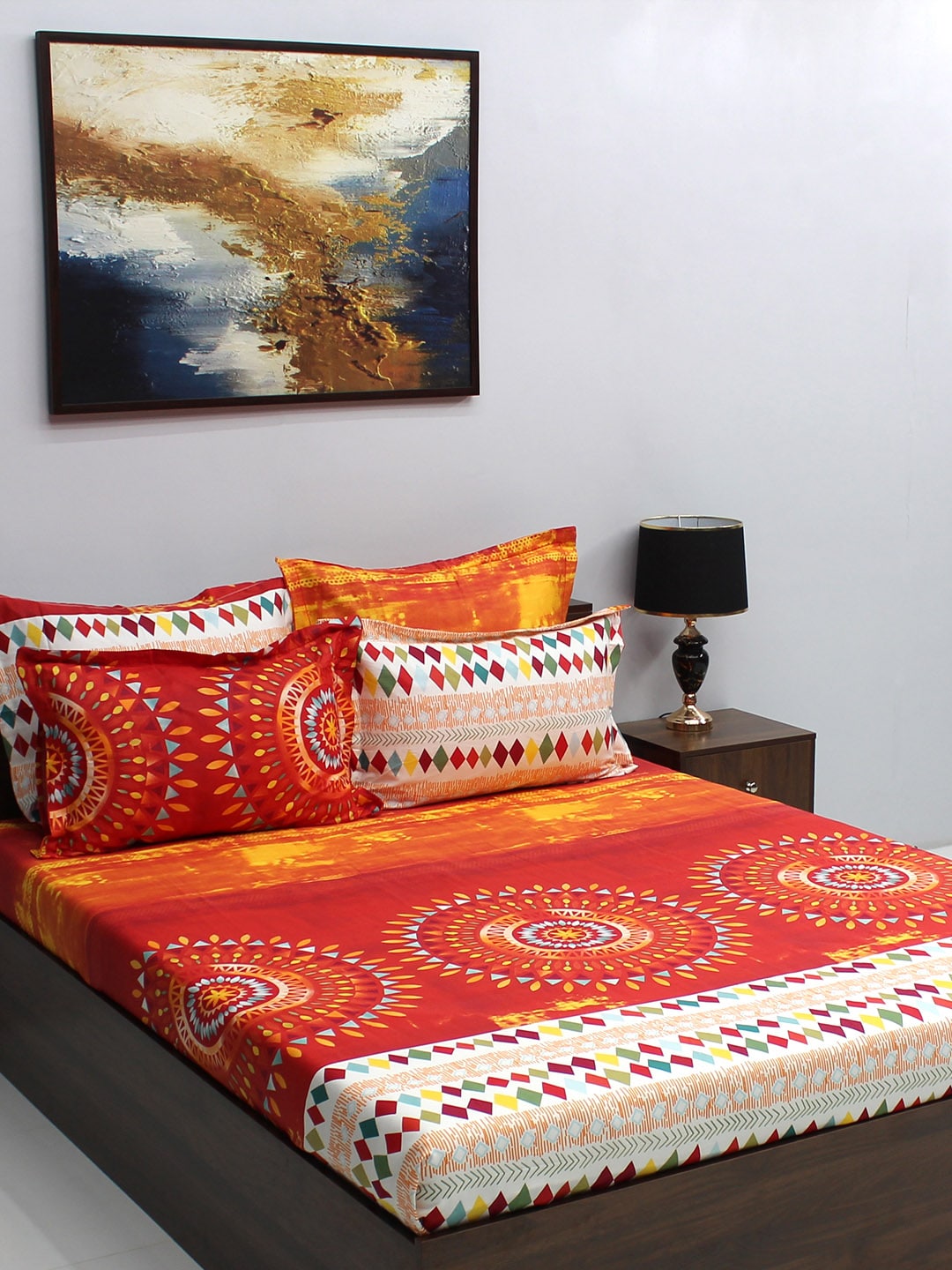 BOMBAY DYEING Celebrating India Red & Blue Printed Cotton 210 TC King Bedsheet Set - Distacart